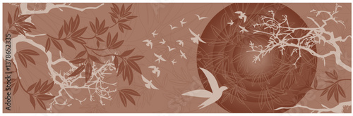 Paysage Asiatique Soleil Couchant avec Arbres et Oiseaux Vecteur Couleurs Mocha Mousse Couleur de l'Année 2025