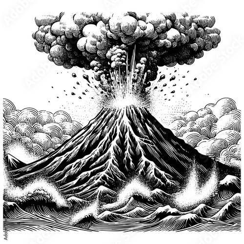 Mountain erruption on sea engraving black and white outline. Scratch board imitation.  illustrated in vintage line art style on a white background.
