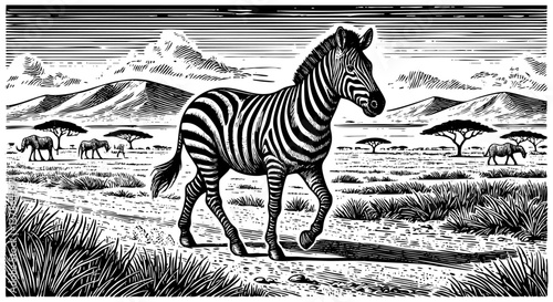zebra on savanna sketch engraving black and white outline. Scratch board imitation.
