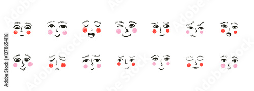 Cartoon faces. Expressive eyes and mouth character face expressions retro style. Vector cute comic smiley emotion set, funny doodle avatars