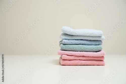 Stack of soft towels in pastel colors on a table