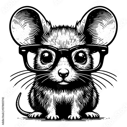 Mouse wear eyeglasses engraving black and white outline. Scratch board imitation.  illustrated in vintage line art style on a white background.