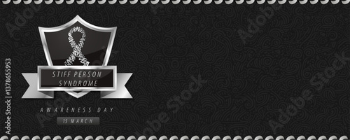 Black and white striped ribbon awareness graphic for International Stiff person syndrome Cancer Awareness day banner.