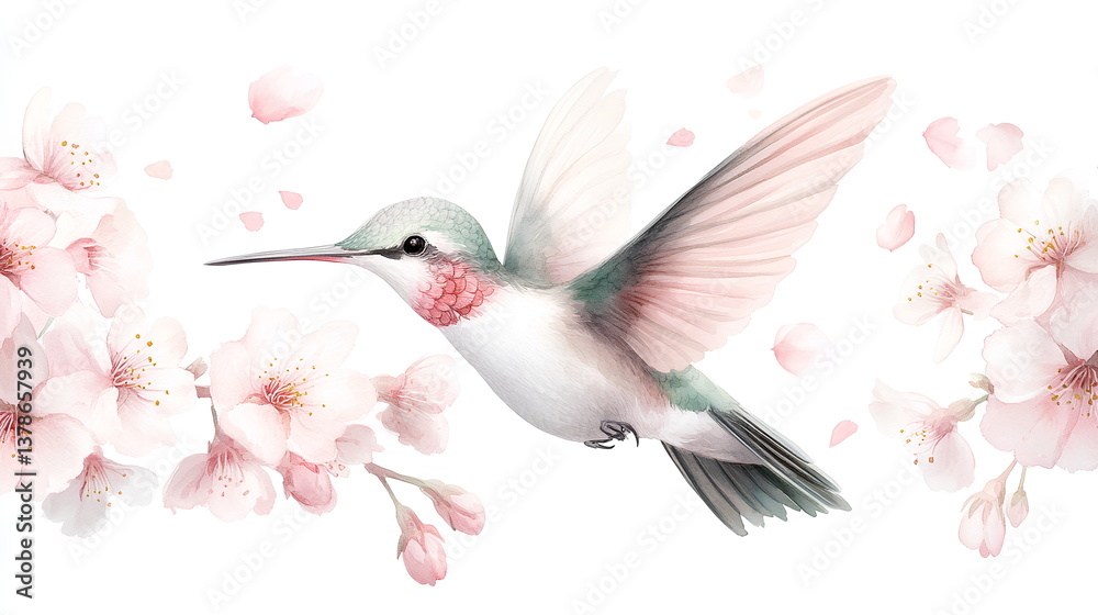 Naklejka premium Airy and Graceful Hummingbird with Cherry Blossoms on White