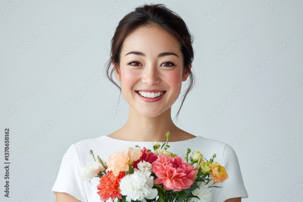 Joyful woman holding a vibrant bouquet of flowers in a bright, minimalistic setting Joyful woman holding a vibrant bouquet of flowers in a bright, minimalistic setting