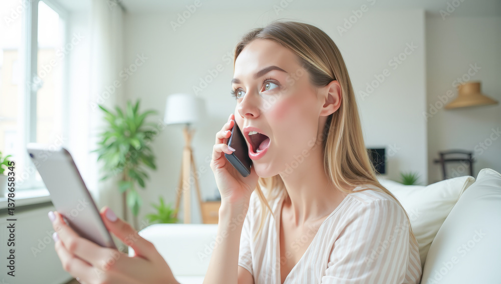surprise on the face of a woman with a phone in her hands surprise on the face of a woman with a phone in her hands