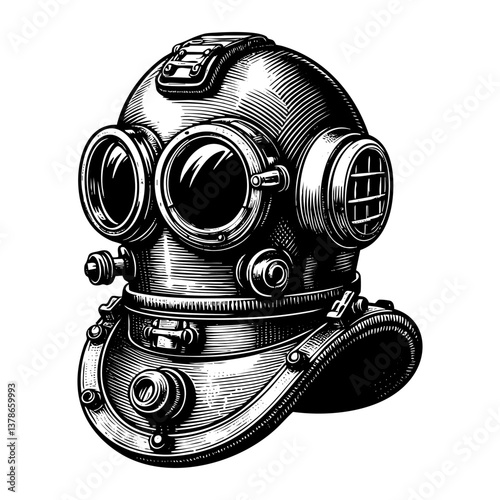 vintage diving helmet sketch engraving black and white outline. Scratch board imitation.
