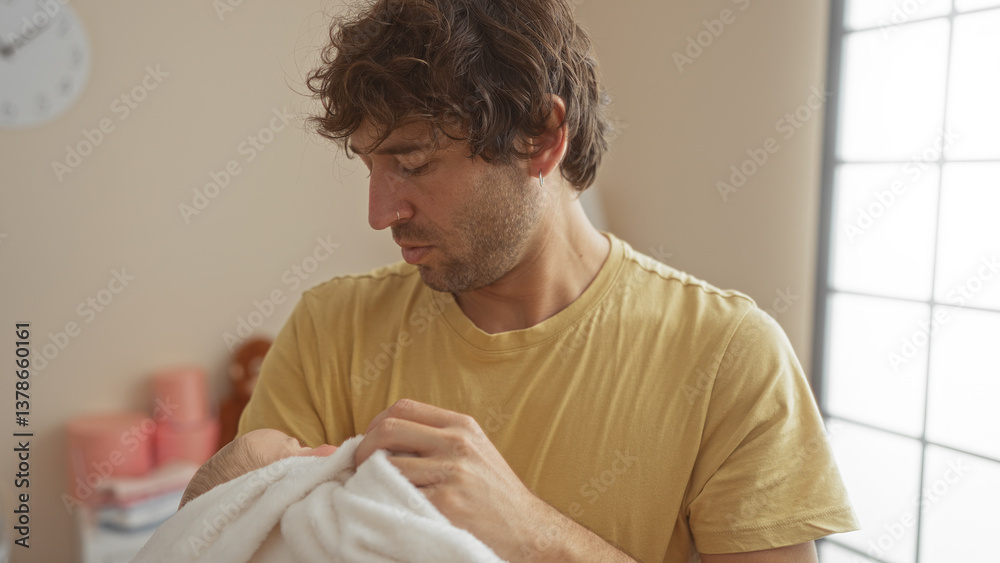 Young man lovingly holds baby wrapped in white blanket in a cozy bedroom setting, reflecting tenderness and warmth.
