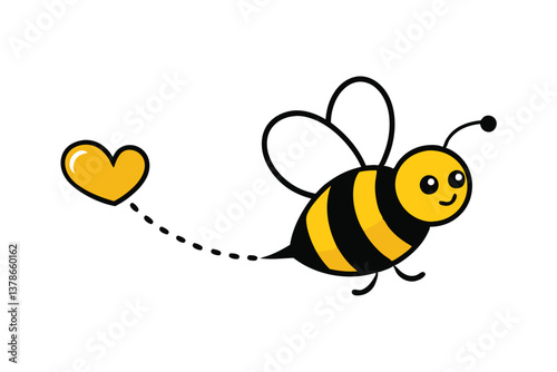 Cartoon Bee Flying with Yellow Heart Shape on a White Background for Valentine