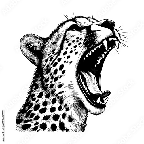 Cheetah roaring open mouth engraving black and white outline. Scratch board imitation.  illustrated in vintage line art style on a white background.