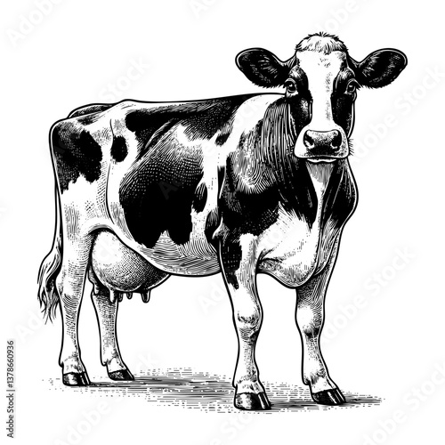 Dairy cow sketch engraving black and white outline. Scratch board imitation.  illustrated in vintage line art style on a white background.
