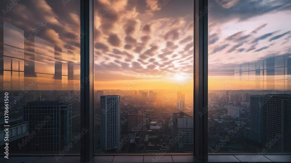 Changing cloudscape drifting across Manila skyline during golden sunrise, viewed from modern skyscraper window overlooking urban landscape Changing cloudscape drifting across Manila skyline during golden sunrise, viewed from modern skyscraper window overlooking urban landscape