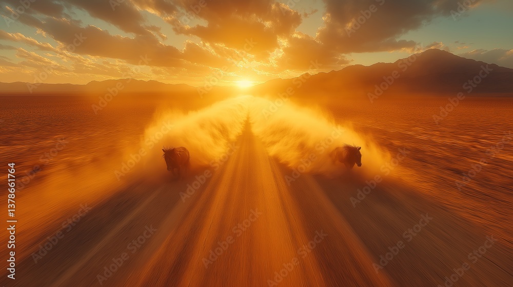 Majestic horses gallop through desert dust, embodying freedom and untamed spirit in golden light. Majestic horses gallop through desert dust, embodying freedom and untamed spirit in golden light.