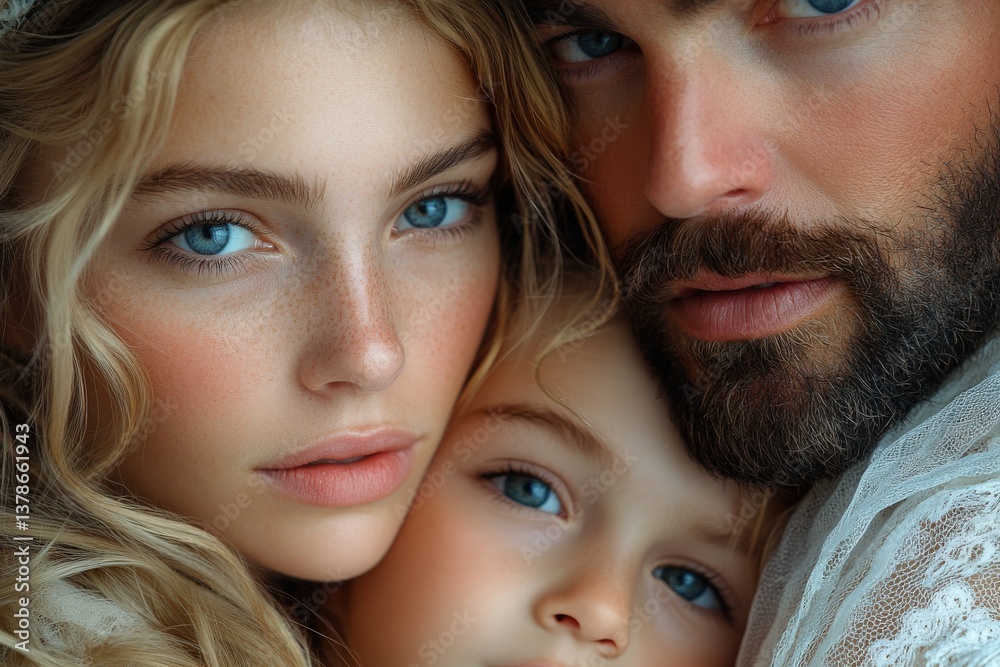 Close-up of a family embracing, with bright eyes and soft, flowing hair Close-up of a family embracing, with bright eyes and soft, flowing hair