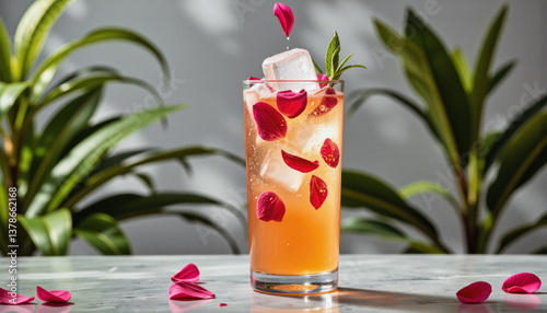 Wallpaper Mural Modern food photo advertisement: A refreshing pink cocktail with rose petals and mint sits in a tall glass filled with ice, beautifully presented with lush green foliage in the background. Torontodigital.ca