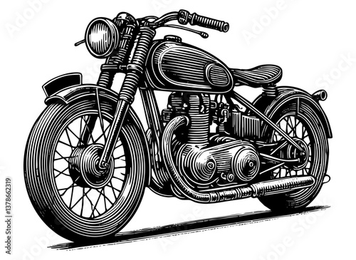 Motorcycle sketch engraving black and white outline. Scratch board imitation.  illustrated in vintage line art style on a white background.
