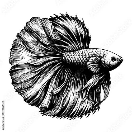 Betta fish sketch engraving black and white outline. Scratch board imitation.  illustrated in vintage line art style on a white background.
