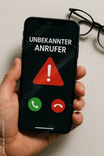 A smartphone displays a warning symbol during a call from an unknown caller, showing a red exclamation mark.