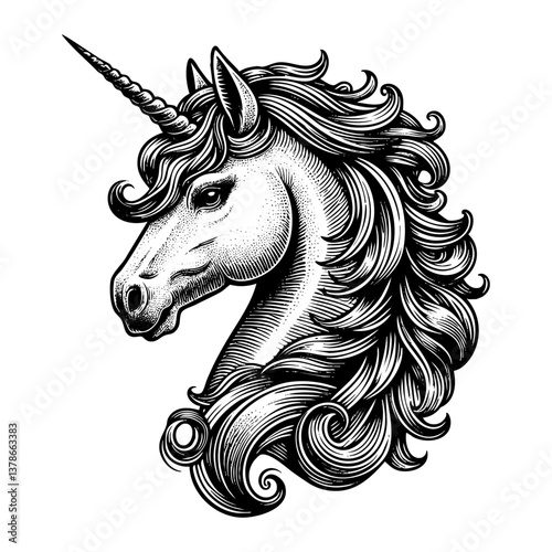 Unicorn sketch engraving black and white outline. Scratch board imitation.  illustrated in vintage line art style on a white background.
