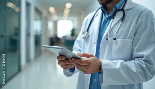 Medical professional using digital tablet in hospital corridor. Doctor in white coat, stethoscope on shoulders. Healthcare tech, digital health solutions, telehealth, telemedicine, online medical