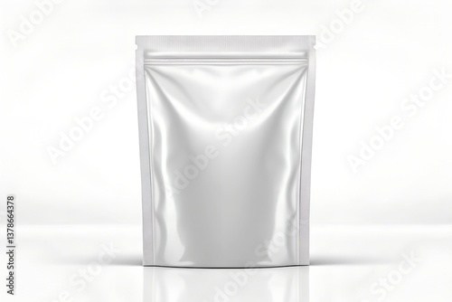 A blank white stand-up pouch with a sealed top, set against a clean pure white background