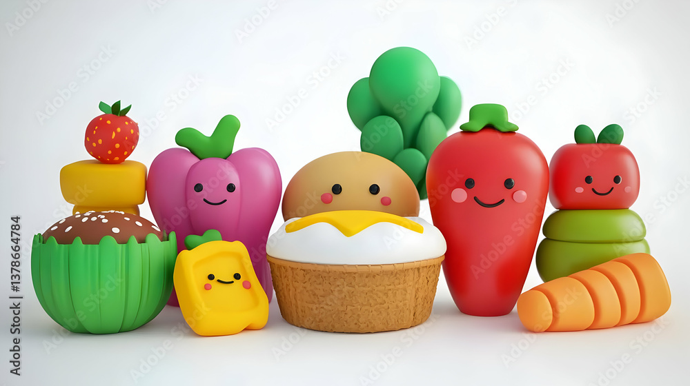Obraz premium Colorful Cartoon Vegetable Characters Arranged on White Background Sweet and Playful Food Illustration Group of Cute Animated Produce