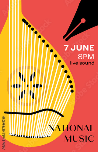 Bandura National Ukrainian Music Poster. Vector Illustration of Arts Musical Festival Instrument. Concert Flyer.