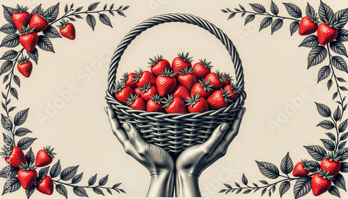 Hands holding a basket of strawberries in a decorative style  