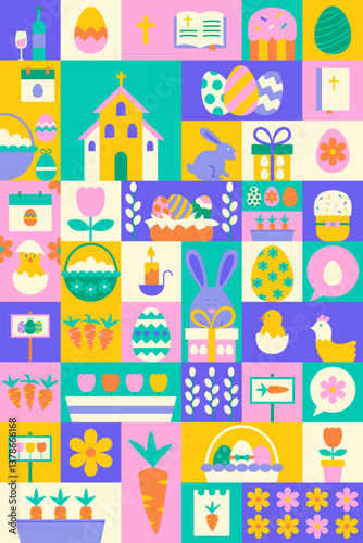 Happy Easter Geometrical Poster. Vector Illustration of Seasonal Religious Holiday. Spring Background. Egg Hunt and Bunny. Polygonal and Triangular.