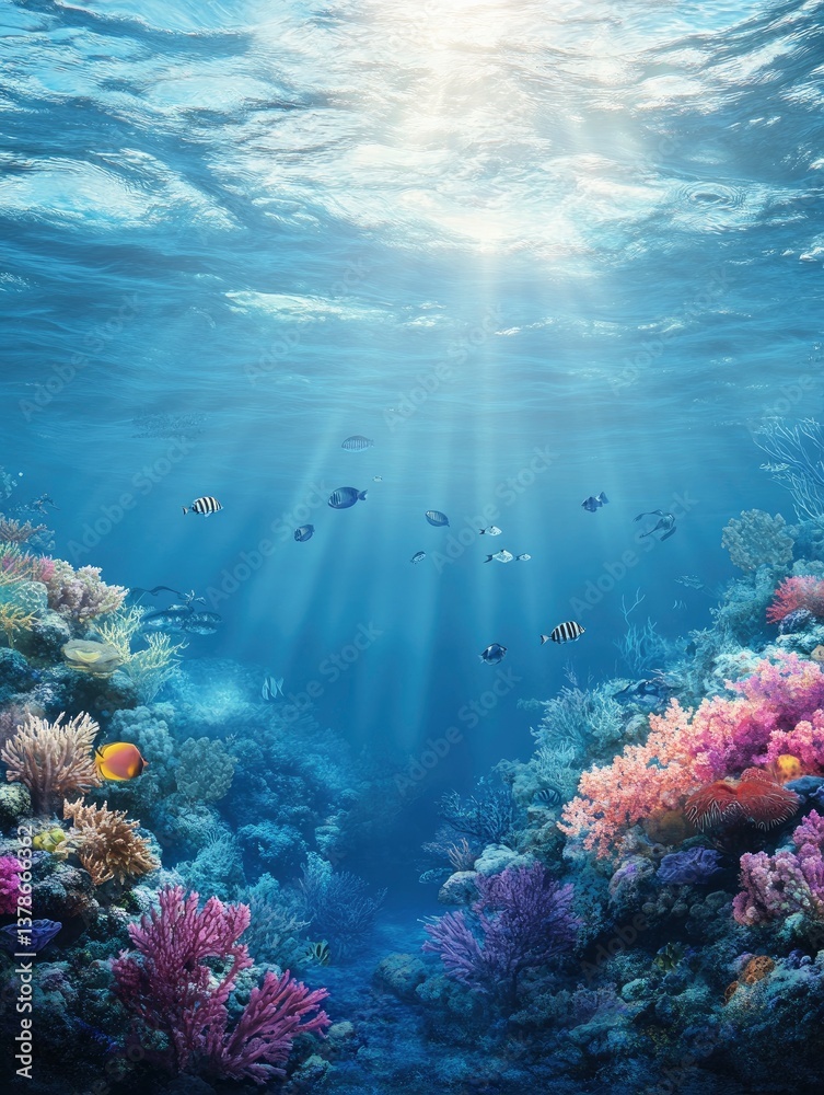 Naklejka premium Underwater Coral Reef with Fish and Sunlight Rays Through the Ocean