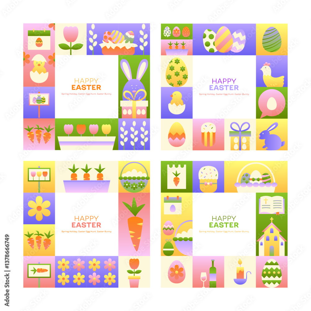 Fototapeta premium Square Geometrical Happy Easter Concepts. Vector Illustration of Seasonal Religious Holiday. Spring Background. Egg Hunt and Bunny. Polygonal and Triangular.