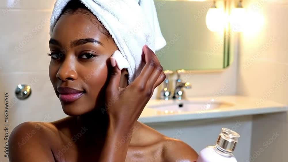 Mulher aplicando produto de beleza na pele.