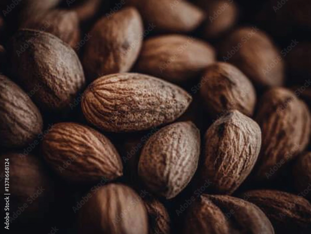 Close-up of scattered almonds, showcasing their natural texture and earthy brown tones on a neutral background