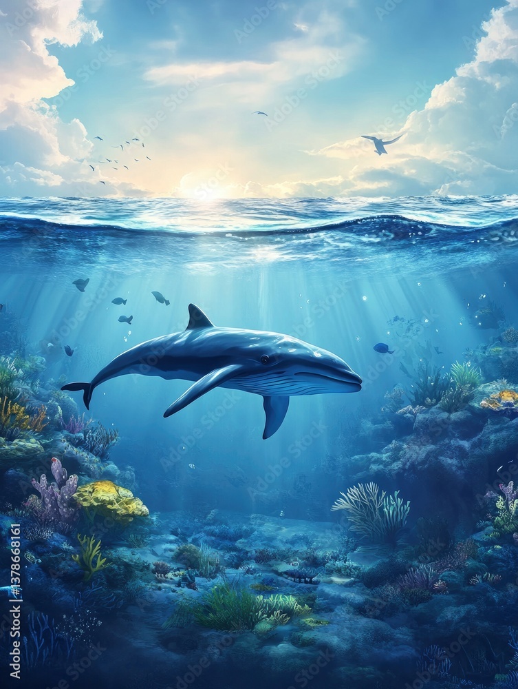 Naklejka premium Whale Swimming Underwater at Sunrise with Coral Reef and Ocean