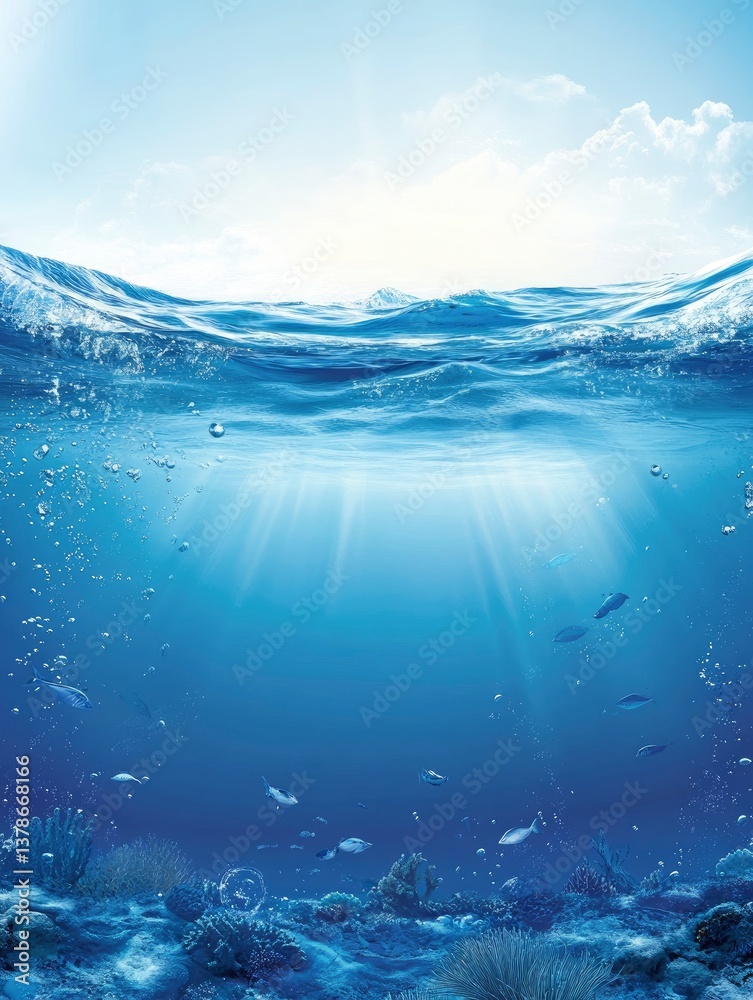 Naklejka premium Underwater Scene with Sunlight Rays, Fish, and Coral Reef Habitat