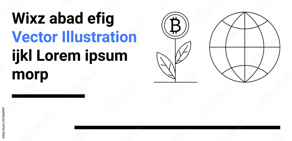 Bitcoin plant sprouting leaves next to a globe grid. Ideal for technology, finance, blockchain, sustainability, cryptocurrency, investment, simple landing page Bitcoin plant sprouting leaves next to a globe grid. Ideal for technology, finance, blockchain, sustainability, cryptocurrency, investment, simple landing page