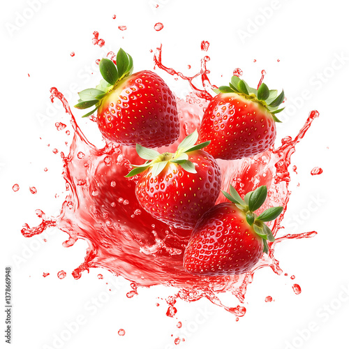 Fresh strawberries splashing in juice, showcasing a dynamic and vibrant moment, perfect for food photography, fruit, healthy lifestyle, and beverage themes in vibrant visuals.