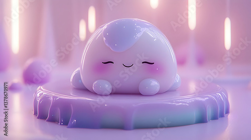 Cute Cartoon Character in Pastel Colors on a Jelly Platform with Shiny Details and Dreamy Background