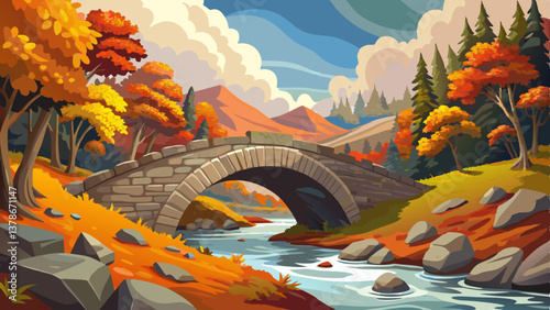 A scenic stone bridge arches over a rushing river, surrounded by vibrant autumn foliage and a cloudy sky.