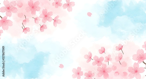 A delicate watercolor-style background featuring soft pink cherry blossoms on gentle white and pastel blue hues
