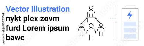 Outline of leadership structure with five interconnected figures alongside battery icon signifying energy or power. Ideal for teamwork, management, leadership, resources, organization, productivity