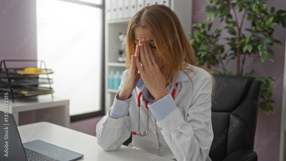 Woman doctor stressed indoors clinic office young adult blonde attractive tired working day Woman doctor stressed indoors clinic office young adult blonde attractive tired working day