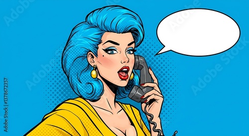 Blue Haired Pop Art Woman Talking on Phone | Retro Comic Illustration