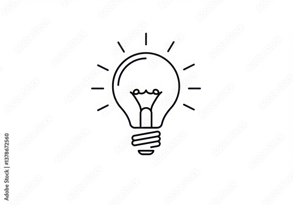 A simple black and white line drawing of a lightbulb on a white background in the center of frame A simple black and white line drawing of a lightbulb on a white background in the center of frame