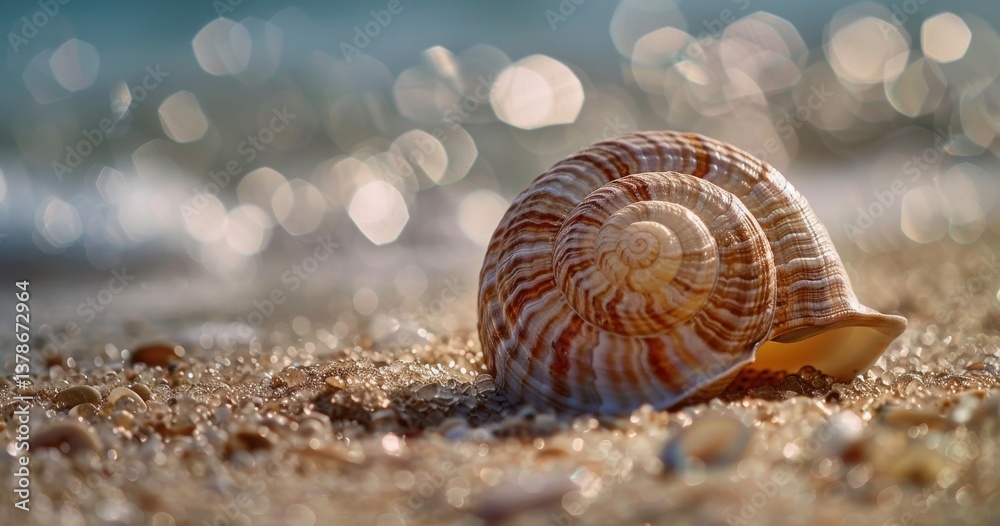 Beautiful seashell on a sandy beach with sparkling bokeh background. Beautiful seashell on a sandy beach with sparkling bokeh background.