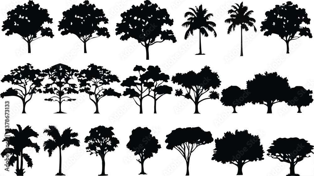 Fototapeta premium Silhouette Tree Line Drawing Set – Vector Outline Trees for Architecture & Landscape Design