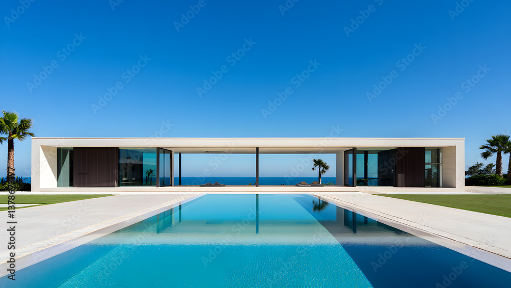 Fototapeta premium Minimalistische Villa mit Infinitypool und direktem Blick auf das Meer 