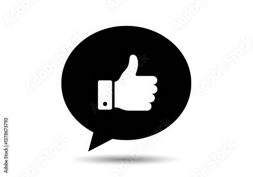 White thumbs up icon inside a black speech bubble on a white background simple and clean design