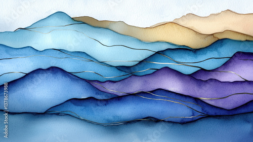 Wallpaper Mural Abstract watercolor layers form mountains in blue and purple tones Torontodigital.ca