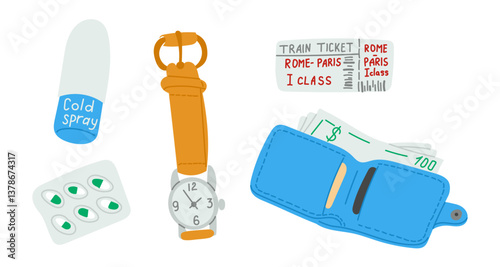 Hand drawn travel essentials set with watch, wallet, medicine, train ticket and cold spray. Concept of personal belongings and must-have items for a journey or vacation